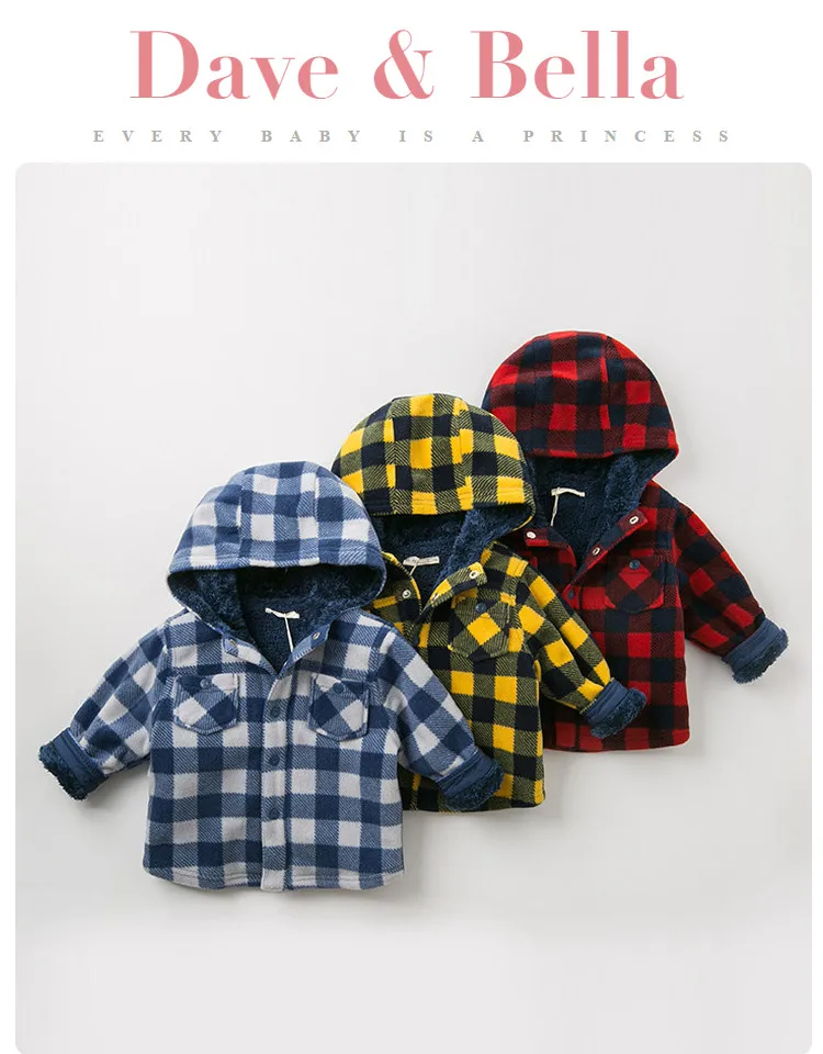 DBW11716 dave bella/зимнее повседневное клетчатое пальто с капюшоном и карманами для маленьких мальчиков детские топы, модная верхняя одежда для малышей