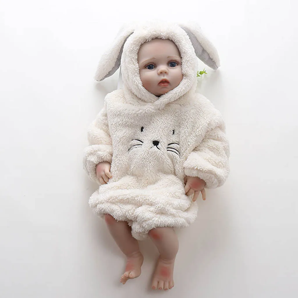 

Rabbit Ear Thick Warm Bodysuit Newborn Rabbit Baby Jumpsuit Overall Long Sleeve Boys Girls Cat Print white Clothes 3M-18M