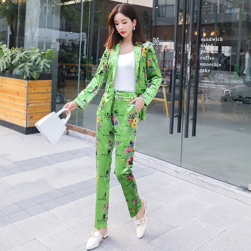 

Women Sets 2019 Autumn New Gold Velvet Print Blazer Female Fashion Large Size OL Suit Tops Pants Trousers Two Piece Set Outfits