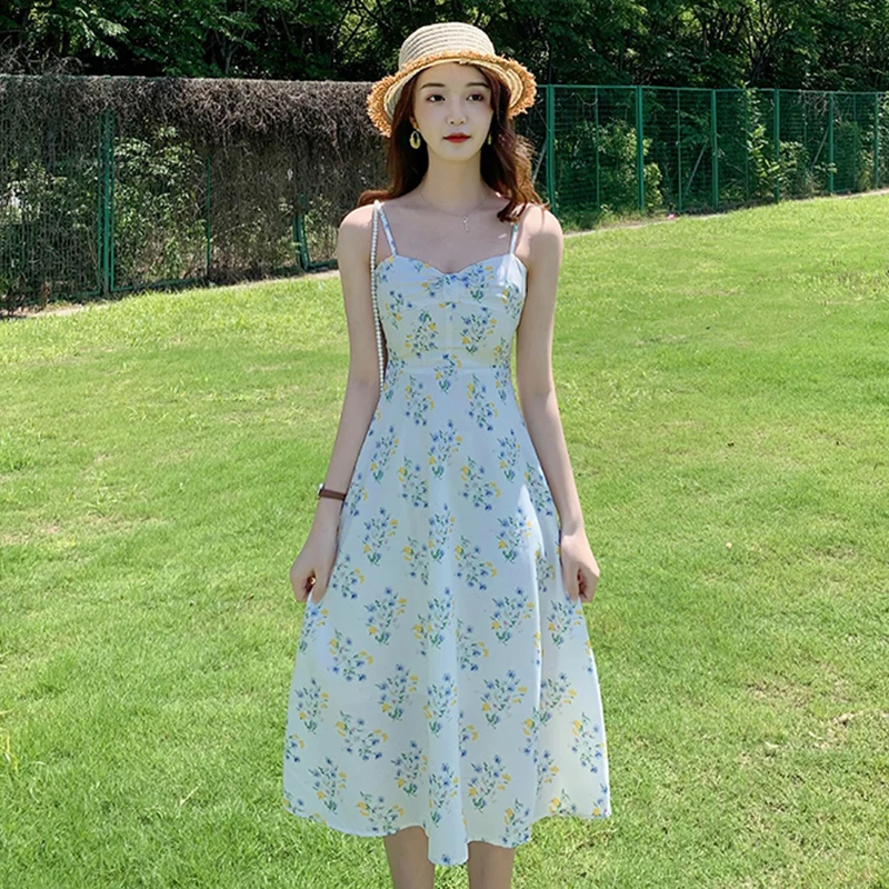 

Women Long Floral White Slip Dress Summer 2020 Runway Elegant Korean Party Dress Boho Backless Tropical Beach Vacation Sundress
