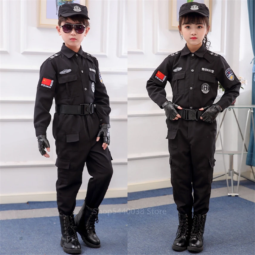 Günstige Kinder Verkehrs Spezielle Polizei Halloween Karneval Party Leistung Polizisten Uniform Kinder Armee Jungen Cosplay Kostüme 110 160CM
