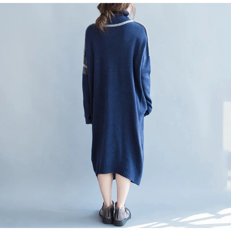 Осенне-зимнее новое трикотажное платье, женские свободные свитера с воротником-хомутом, женские модные платья для снижения возраста размера плюс