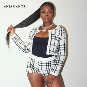 

ANJAMANOR Sexy Tweed Plaid 2 Piece Sets Womens Outfits Fall Winter 2019 Long Sleeve Sweater Woolen Coat Short Matching Set D48AH