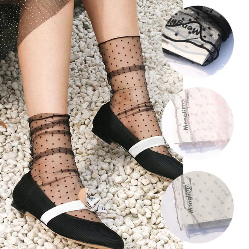 Сексуальные черные тюлевые носки в горошек для женщин, тонкие прозрачные шифоновые носки, длинные дышащие забавные носки, уличная одежда, Calcetines