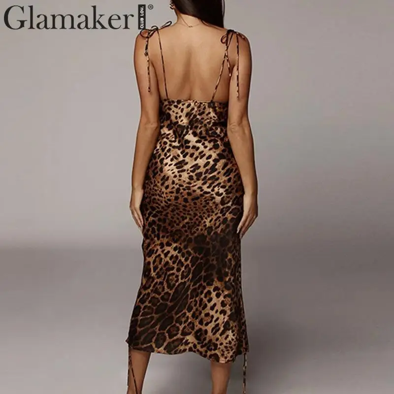 Glamaker, леопардовое плиссированное платье на тонких бретелях, женское летнее длинное платье с открытой спиной, сексуальное элегантное вечернее платье на шнуровке, vestidos