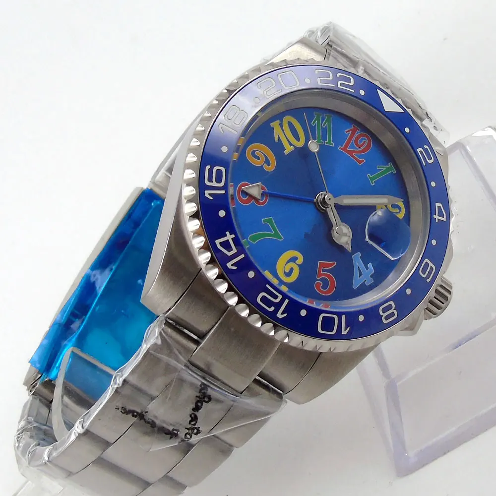 

40mm Automatic Men Watch Ceramic Bezel Brushed Oyster Strap GMT Sapphire Glass Screwdown Crown Blue Dial