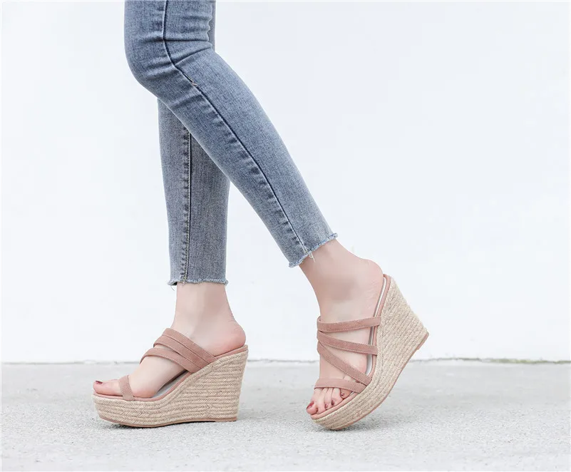 Meotina Espadrille Plate Forme Compensees Talons Pantoufles Bande Etroite Femmes Chaussures Enfant Daim Ete Mode Sandales Dames Abricot Bleu Aliexpress