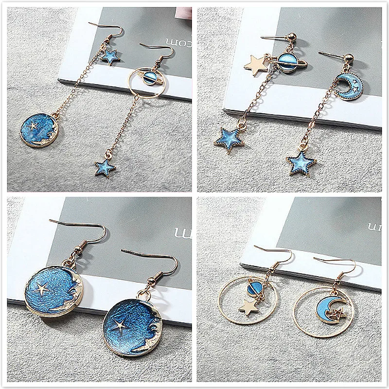 

2019 New Fashion Stud Earrings Lovely Simple Blue / The Moon / Starry Sky / Long Section Asymmetric Pendant For Ladies Gift