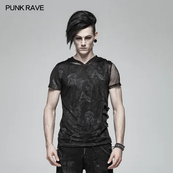 

Punk Rave Men's T-shirt Punk Fashion Print Casual Short Sleeve Black Mesh Hoodie Hip Hop Streetwear Personality Tops for Men