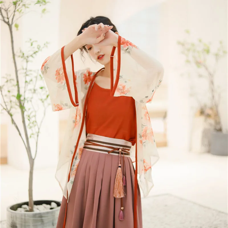 

2PCS Retro floral slant cardigan chiffon shirt very fairy top, foreign style shirt, women's versatile