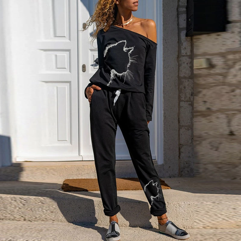 Conjunto de ropa deportiva para mujer, Top con hombros descubiertos y pantalones, chándal para mujer, moda urbana, otoño e invierno, 2 piezas|Trajes de -