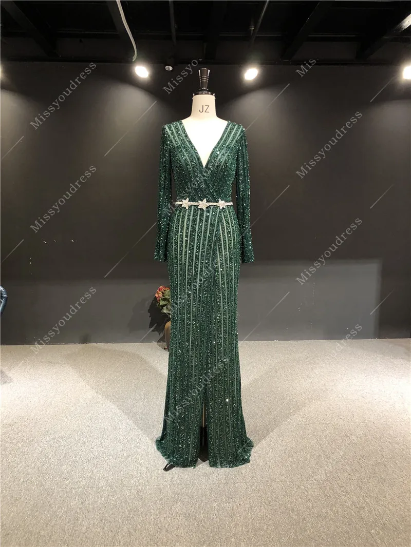 evening maxi dresses вечерние платья 100% Real Pictures Dark Green Heavy Beads Vneck Long Sleeves Split Women Prom Party Bridal Dancing Evening Dress ball gown