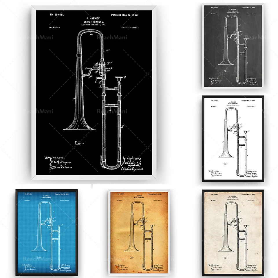 

Slide Trombone 1902 Patent Print, Wall Art Poster Music Blueprint Gifts