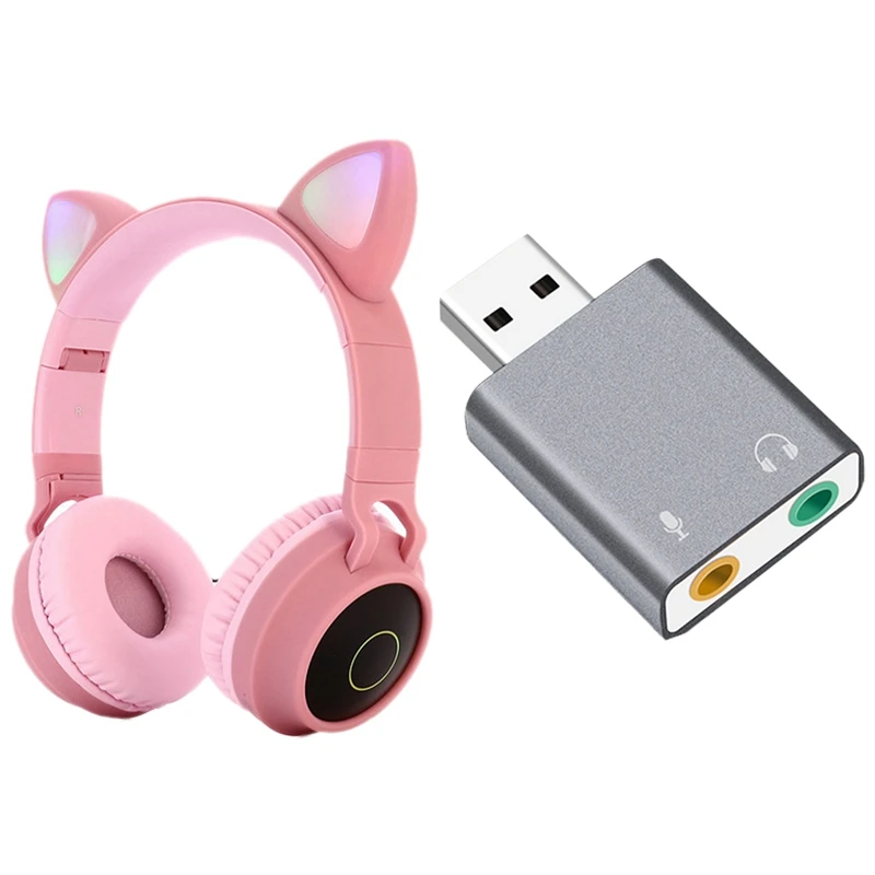 1 Pcs Gaming LED Headphones with Mic Pink 1 Pcs 7 1 Channel USB External Stereo Sound o Adapter Gray
