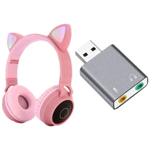1 Pcs Gaming LED Headphones with Mic Pink 1 Pcs 7 1 Channel USB External Stereo Sound o Adapter Gray