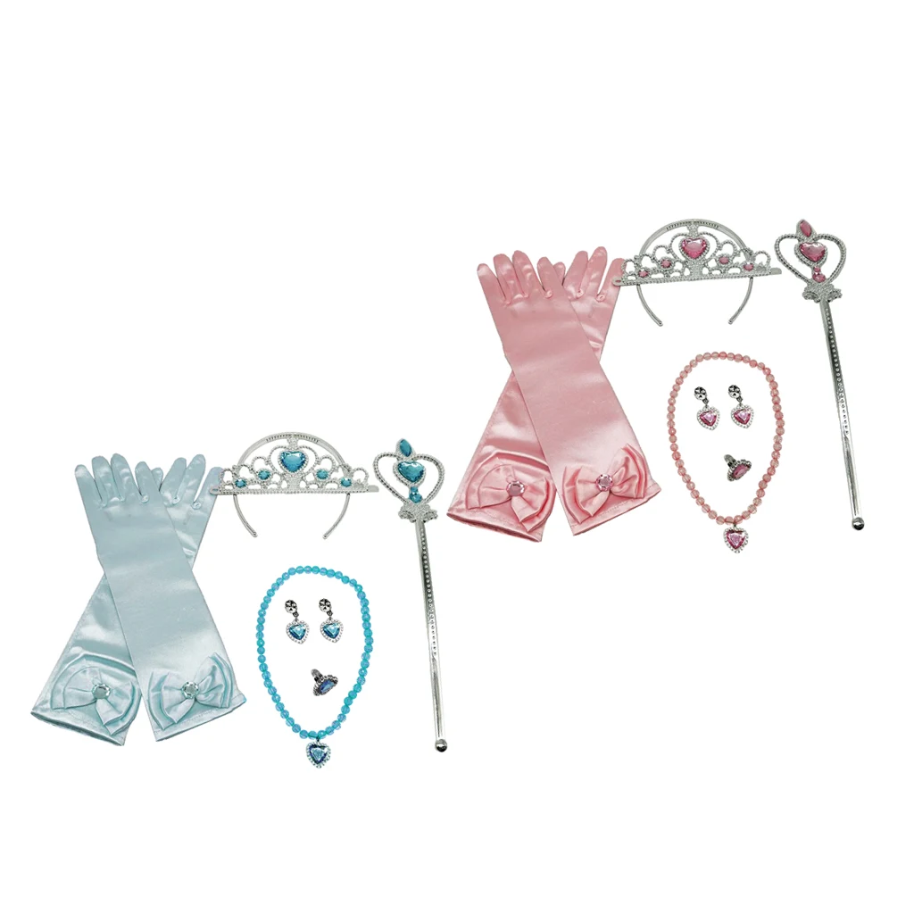 Girl Fairy Princess Beautiful Dress Girl Fancy Dress Costume Pink Blue Gloves Wand Tiara Jewelry Set