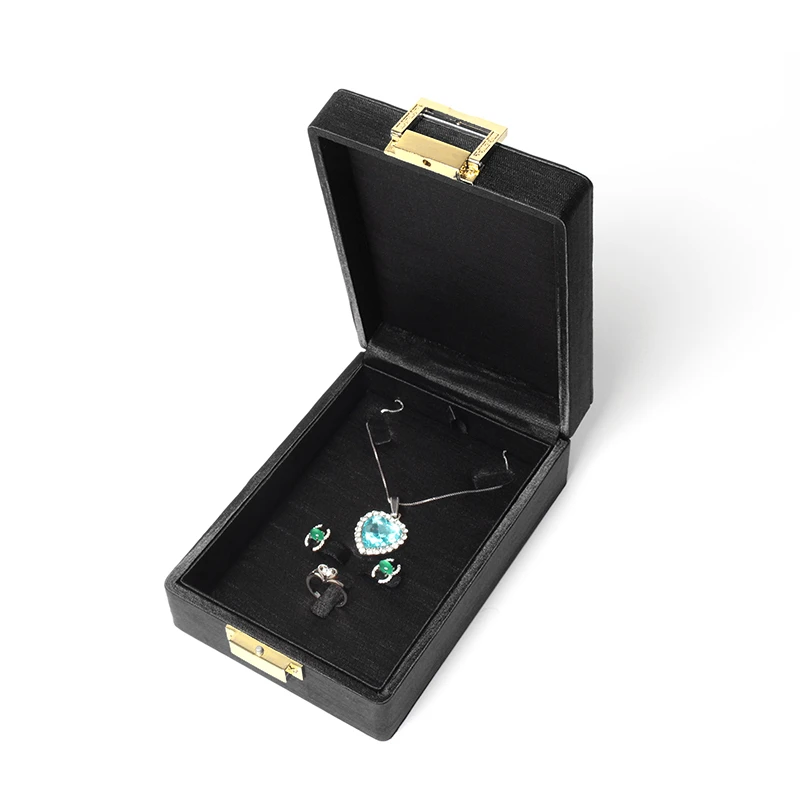 

New Exquisite Brushed Metal Buckle Gemstone Ring Pendant Jewelry Set Box With Built-in Card Slot Black And Red Optional For Gift