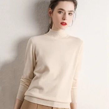 

Spring and Autumn Women's Long Sleeve Turtleneck Knitted Solid T-shirt