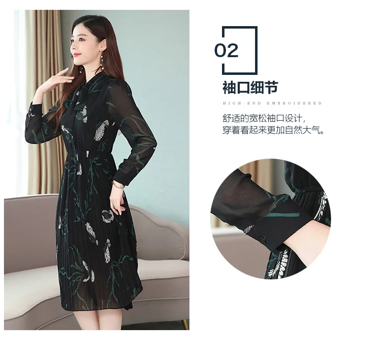 Femal Vintage Black Chiffon Midi Pleated Dresses Autumn Winter Print Long Sleeve Dress Elegant Women Bodycon Party Vestidos