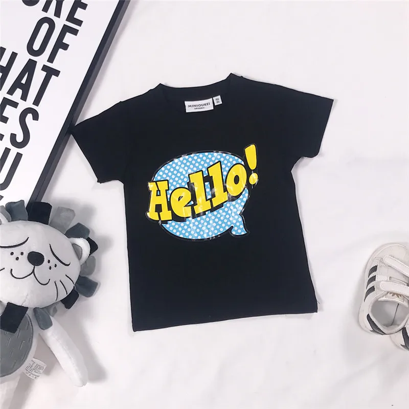 Новинка г.; летняя черная футболка с надписью «hello»; Классная хлопковая футболка для маленьких девочек; модная детская черная футболка