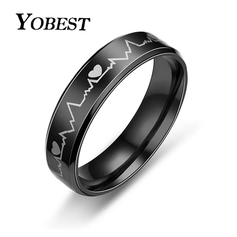 Мужское кольцо с электрокардиограммой Yobest черное из нержавеющей стали ювелирные