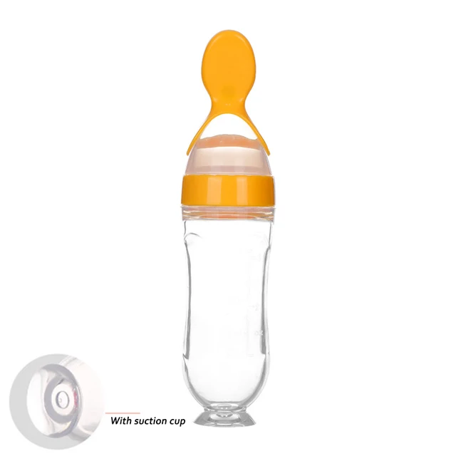 90ML Safe Newborn Baby Feeding Bottle Toddler Silicone Squeeze Feeding Spoon Milk Bottle Baby Training Feeder Food Supplement Orange With suction