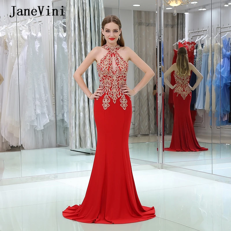 

JaneVini Elegant Satin Red Prom Dresses for Women 2020 Halter Gold Appliques Beaded Sleeveless Mermaid Party Gala Formal Dress