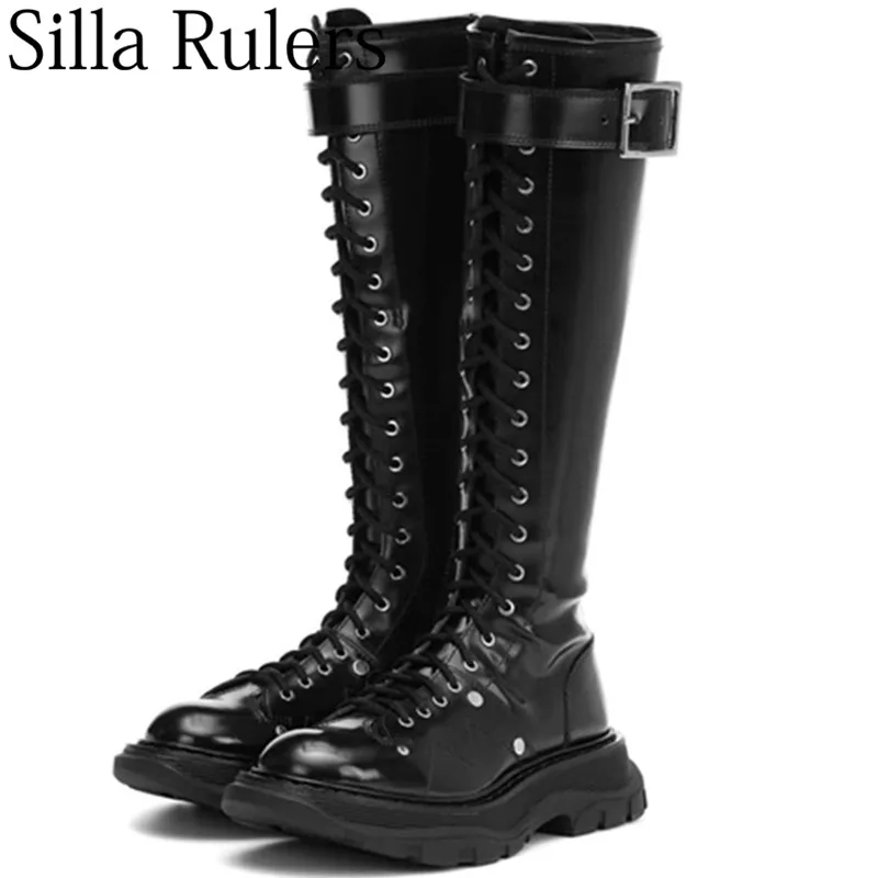 New Rivet Black Genuine Leather Thick bottom Knight Boots Woman Round Toe Lace Up Knee Boots Woman Motorcycle Boots Woman