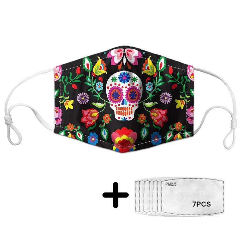 New Sugar Skull Floral Patterned Breathing Protection Mouth Masks With 7PCS Fliters Ladies Black Anti-dust Face Tapabocas |