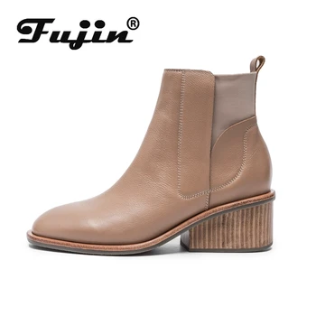 

fujin genuines Brogue Carved Ankle Boots Fashion Chelsea Low Heels Ladies Shoes Genuine Leather Women Boots