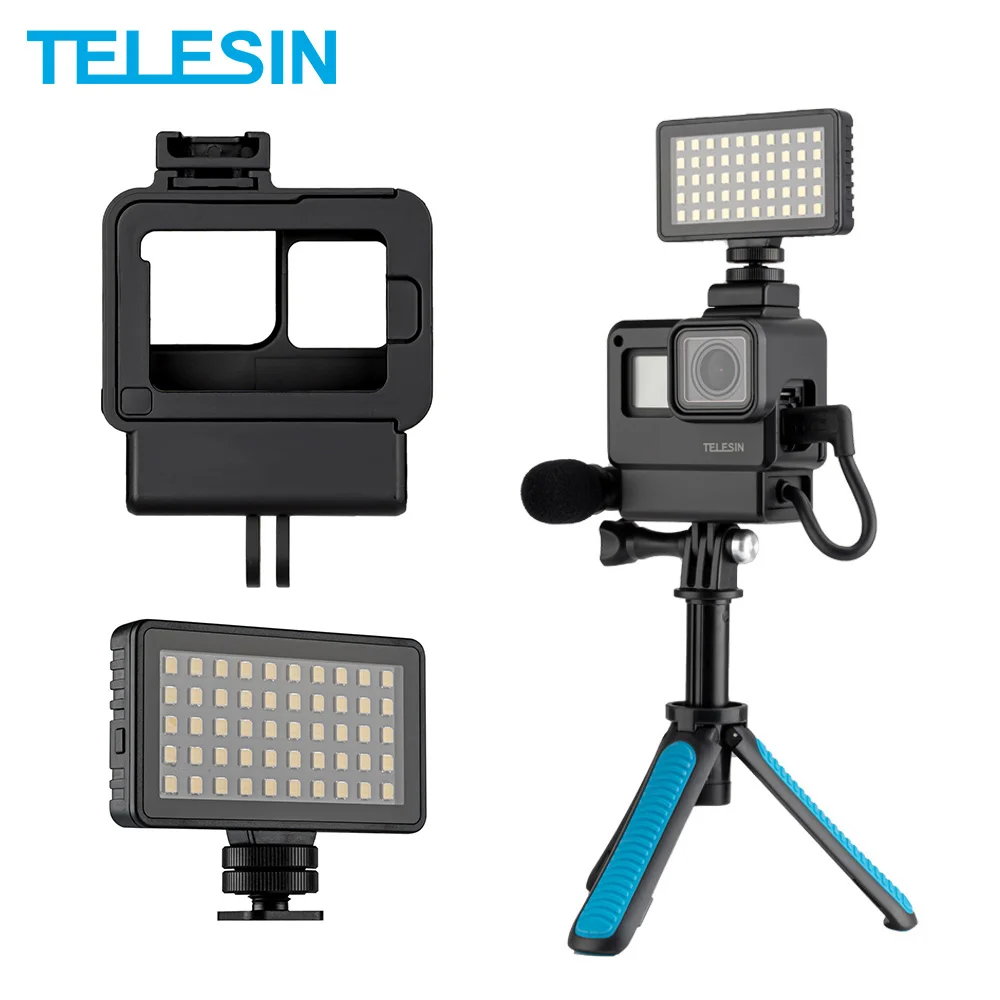 

TELESIN Vlog Housing Case for Gopro Hero 7 6 5 Black Plastic Cage Cold Shoe Rotatable Microphone Adapter LED Light Color Filter