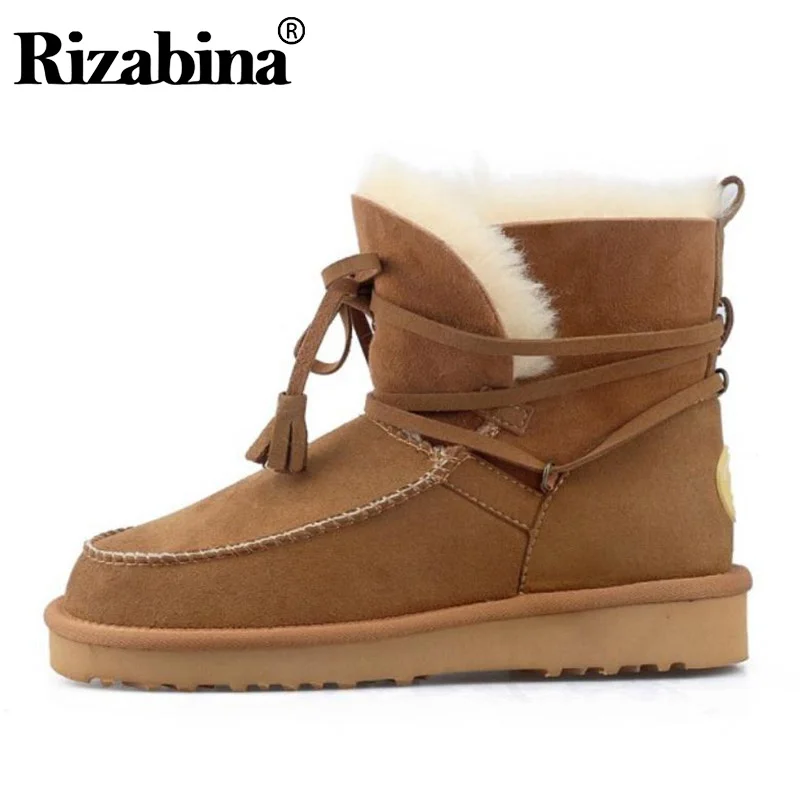 RIZABINA Real Leather Women Snow Boots Plush Fur Winter Shoes Warm Flats Ankle Fashion Casual Footwear Size 34-43 | Обувь