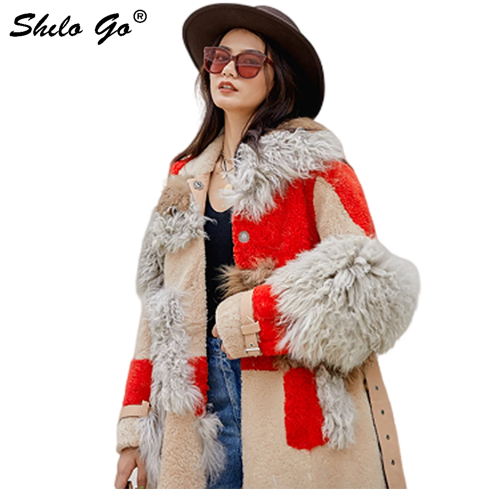 

Double-faced Fur Long Coat Color Block Cut and Sew Mongolia Sheep Fur Panel Thick Warm Fur Coat Women Winter Highstreet Outwear