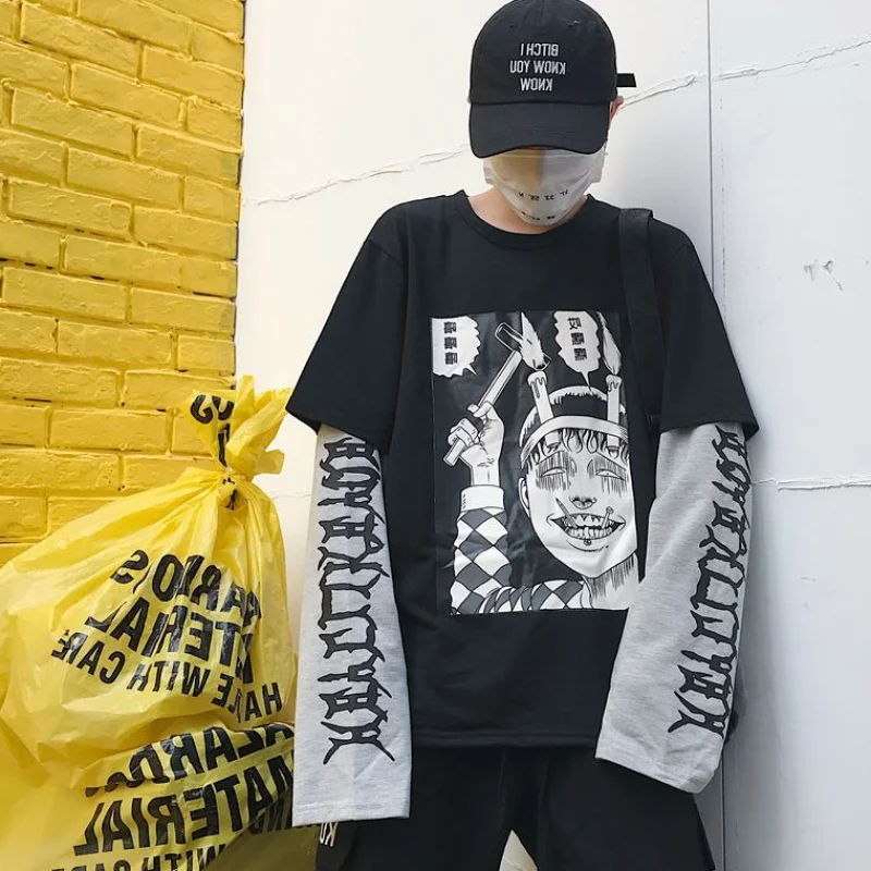 Harajuku толстовка женская с принтом аниме поддельные 2 шт o-образным вырезом с длинным рукавом японские комиксы повседневные свободные весна осень тройник Топ - Цвет: Черный