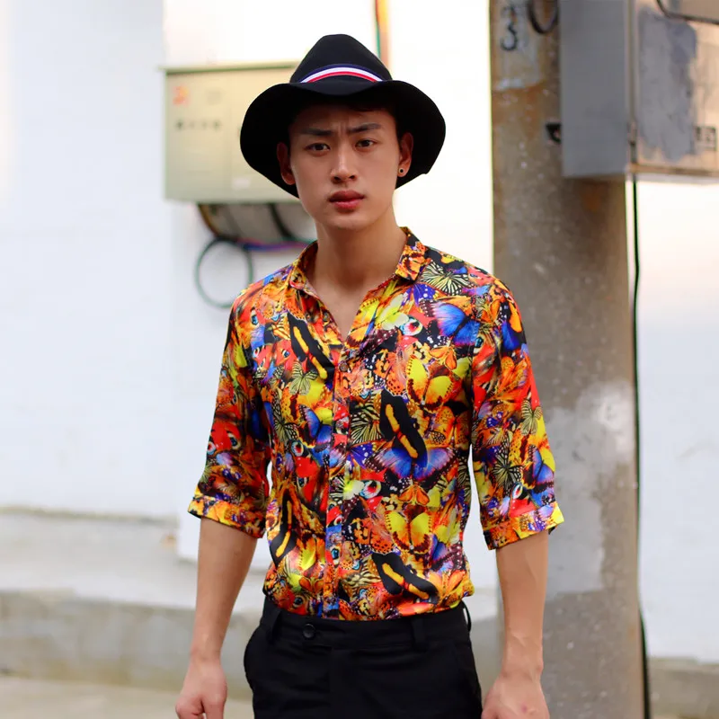 Мужская шелковая смесь с цветочным принтом Slim Fit Клубные рубашки с коротким рукавом летние блузки-топы атласные однобортные B26