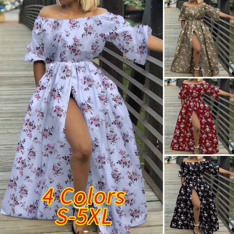 Summer Women Sexy Maxi Dress 2021 Celmia High Waist High Split Sundress Off Shoulder Solid Long Vestidos Loose Buttons Robe Femm