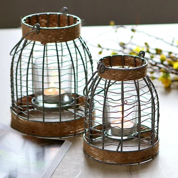 

Nordic Retro Portable Wind Lamp Hemp Rope Iron Candlestick Decorative Ornaments Simple Home Dining Table Candlestick Ornaments
