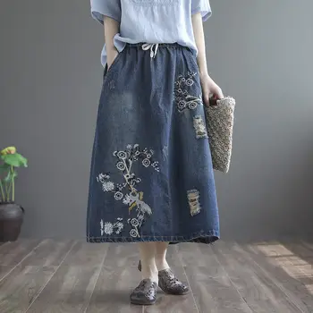 

Retro Embroidery Hole A-line Denim Skirt Ladies Summer New Elastic Waist Large Size Gentle Skirt Jeans Vintage Mujer faldas K509