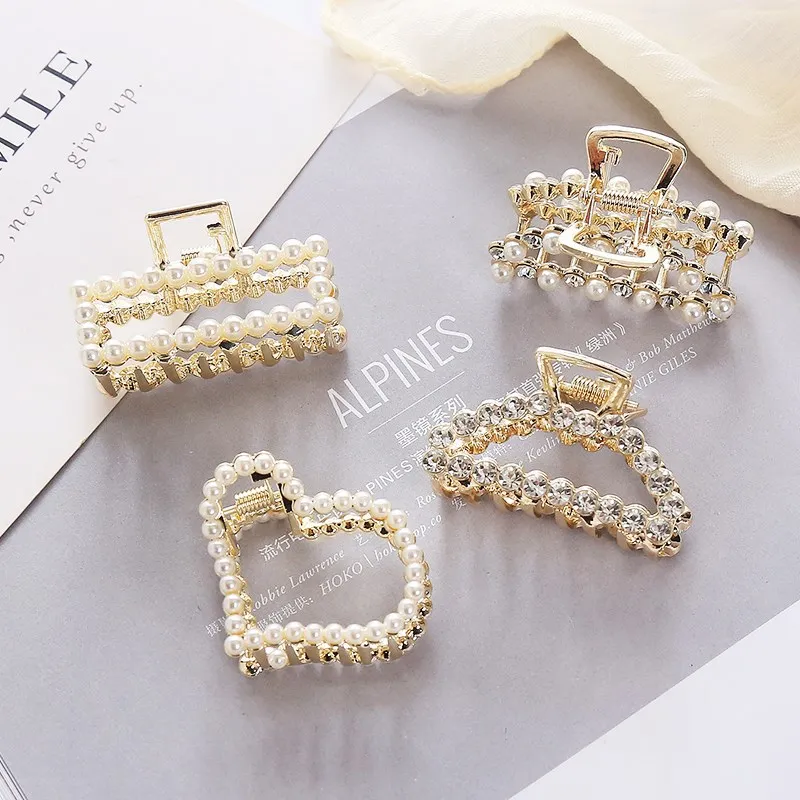 1Pc Geometric Pearl Hair Clip Crab Claw For Women Girls Hollw Full Rhinestone Metal Hair Claws Heart Fashion Hair Accessorie