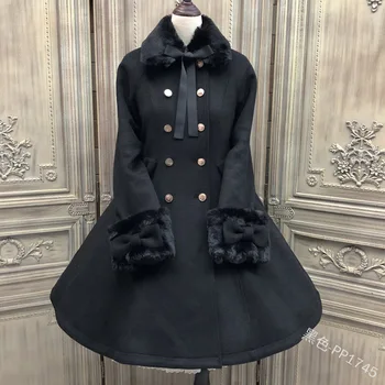 

Winter sweet lolita coat vintage fur collar double-breasted bowknot keep warm gothic lolita overcoat kawaii girl cosplay