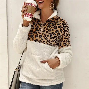 

Winter 2019 Fleece Sweater Fashion Leopard Patchwork Fluffy Thick Sweaters Warm Zipper Pullovers Women Winter Coat Sherpa Tops