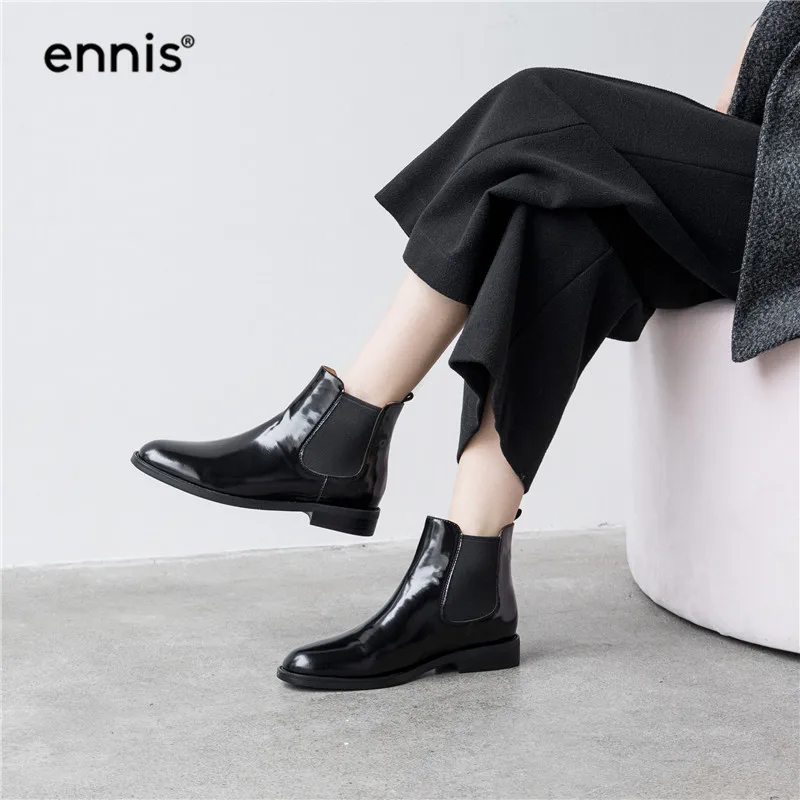 ENNIS/брендовые черные броги; женские ботинки; ботинки «Челси» из натуральной кожи; лакированные ботильоны; обувь на плоской подошве; женская модная Осенняя обувь; A9336
