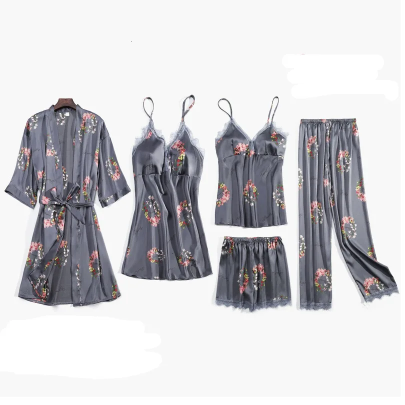 Autumn Sexy Ice Silk 5 Pcs Women Pajama Set Stain Printing Flower With Chest Pad Cardigan Trousers Set Pajamas