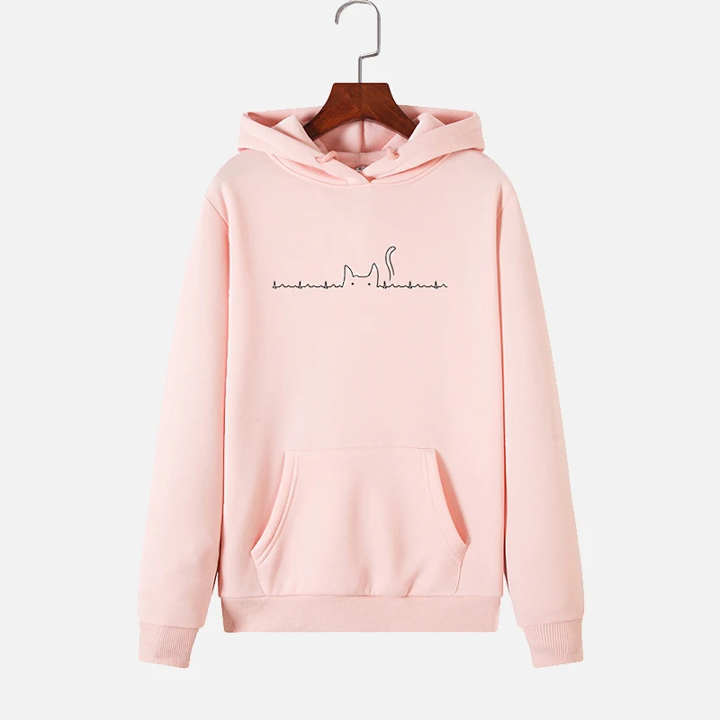 Pink 9 цветов плюс бархат с капюшоном Женская толстовка Зима Кот сердцебиение мультфильм печатных женские толстовки повседневные свободные женские пуловеры - Цвет: Pink