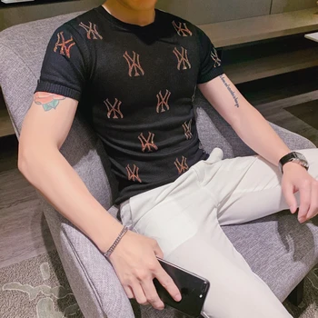 

2020 Summer T Shirts Mens Knitting Clothing Gentlemen Casual Blouse Slim Fit Printed Elegant Mens T Shirts British Sweaters