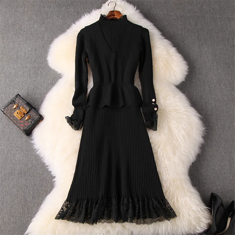 Новинка, женское модное платье на осень и зиму, Vestidos, длинный рукав, кружево, пэтчворк, вязаный жилет, топ+ платье-свитер, комплект из 2 предметов