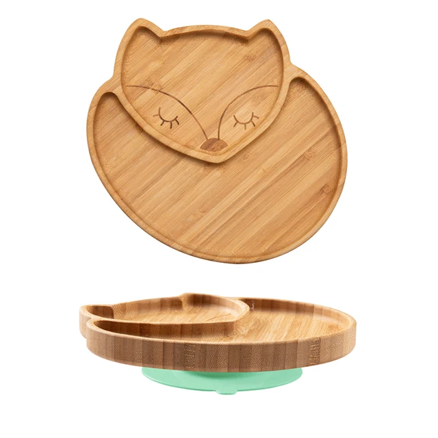 1PC Bamboo Wooden Dinnerware Baby Feeding Accessories Cartoon Animals Elephant Dinner Plate With Sucker Baby Products Gifts Fox mint
