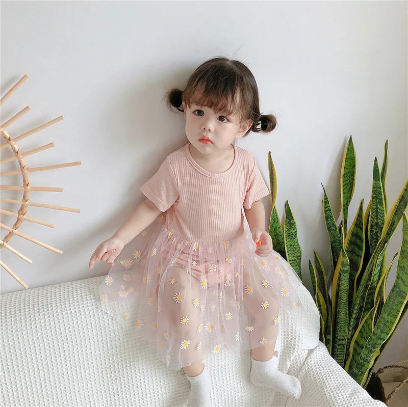 

Blotona Lovely Baby с принтом в виде ромашек Сетчатое платье, для девочек, короткий рукав, круглый вырез, вязанный Комбинезон для маленьких девочек; Сарафан на лето 0-3Years