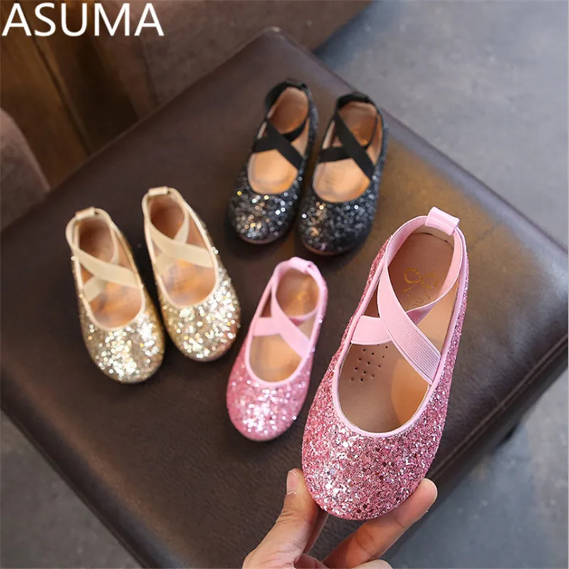 

Princess Kids Leather Shoes For Girls Casual Glitter Children Flat Girls Shoes Dance Shoes Ballet Flats Sequins Black Pink Gold