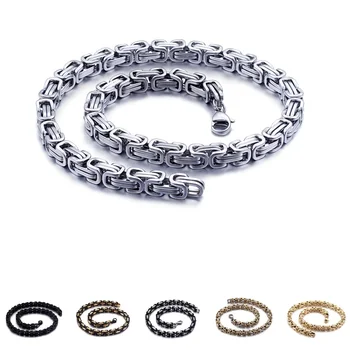 

6/8mm Wide Royal Box Chain Necklace for Men Gold Black Silver Color Stainless Steel Byzantine Link Mens Necklaces Chain Jewelry